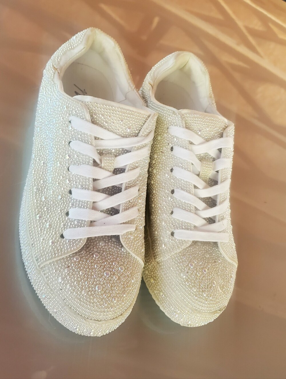 Matisse Off White Pearl And Crystal-Embellished Lace-Up Sneakers